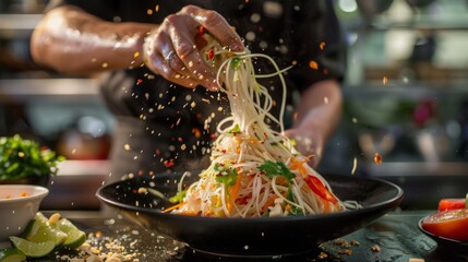 Fototapeta premium Chef tossing green papaya salad with a tangy dressing of fish sauce, lime juice, and palm sugar, highlighting the art of Thai culinary craftsmanship