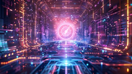 Fototapeta premium Futuristic digital corridor with glowing lights and neon colors, representing high-tech and cyberpunk aesthetics in a virtual environment.
