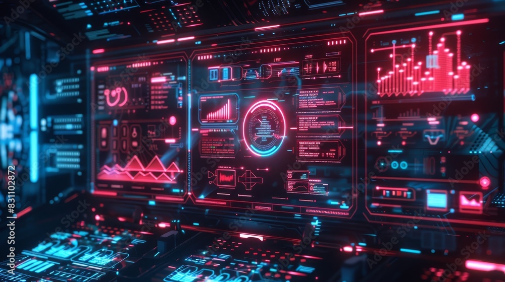 Poster futuristic digital interface with data charts, graphs, and holographic displays in a red and blue hi
