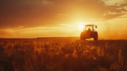 Fototapeta premium Solitary Tractor, Golden Fields: Last Light on the Farm