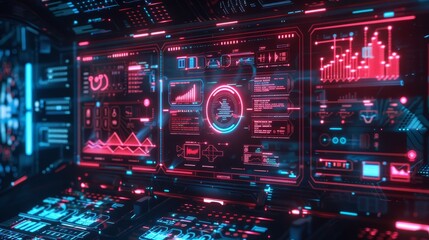 Futuristic digital interface with data charts, graphs, and holographic displays in a red and blue high-tech control room.