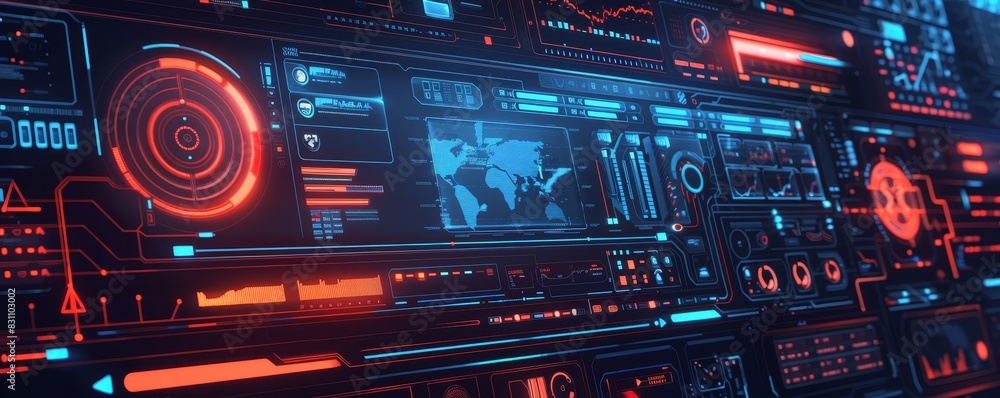 Poster futuristic digital interface with neon red and blue hud elements, showcasing advanced technology and
