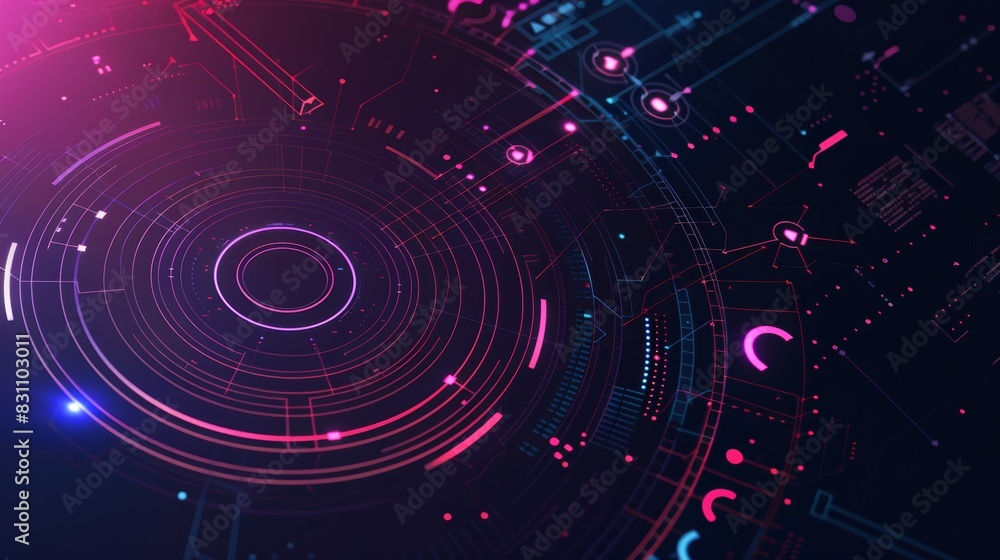 Poster futuristic digital interface with neon circles and geometric shapes. high-tech design highlighting m