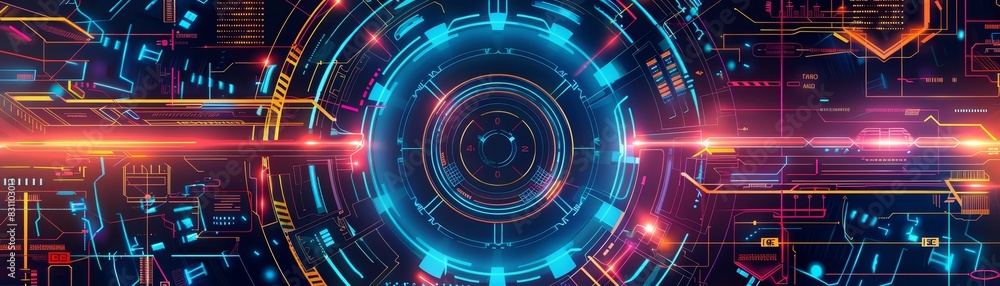 Poster futuristic digital interface with vibrant colors and geometric patterns, featuring a circular core a