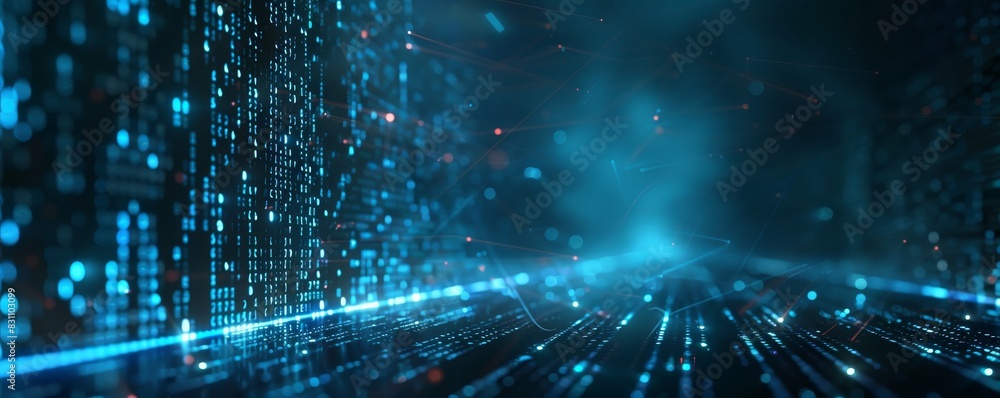 Poster futuristic digital matrix background with bright blue lines and glowing lights, representing data fl