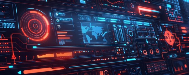 Fototapeta premium Futuristic digital interface with neon red and blue HUD elements, showcasing advanced technology and data visualization.