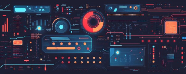 Obraz premium Futuristic digital interface with vibrant colors and high-tech elements, perfect for technology-themed projects or design backgrounds.