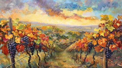 Pastel sky over an autumn vineyard with grapevines in fall colors.