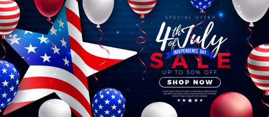 Fourth of July Independence Day Sale Banner Design with American Flag in Star Symbol and Party Balloon on Blue Background. 4th of July USA National Holiday Vector Illustration with Special Offer