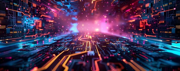 Futuristic digital landscape with vibrant neon colors, depicting a complex network of circuitry and data flow in a tech-inspired environment.