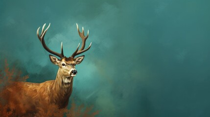 Portrait of deer on a green solid pastel background with copy space. Wildlife concept