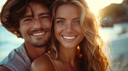 Close up of a smiling beautiful young couple embracing while standing at the beach - Powered by Adobe