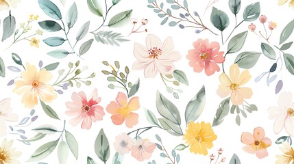 Seamless pattern of flat watercolor pastel-colored leaves and branches, creating a soft and natural design