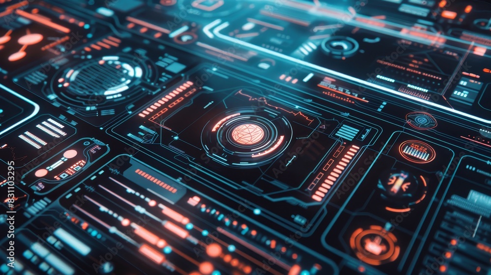 Poster futuristic digital user interface with intricate graphics and glowing lights, showcasing advanced te
