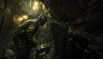 A miner wearing a hard hat and coveralls is working in a mine.