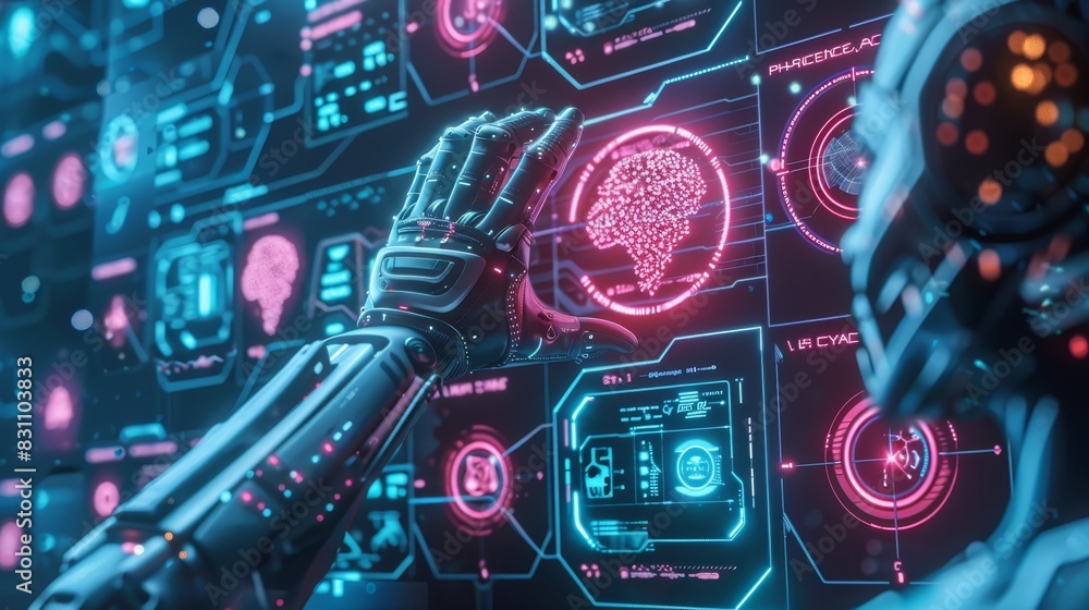 Poster futuristic robot interacting with digital interface, showcasing artificial intelligence and technolo
