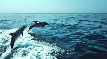 Fototapeta premium Two dolphins jumping out of the water in the ocean. They are playful. Beautiful sea view with clear blue water. Perfect image for nature and wildlife theme. AI