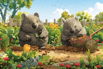 A playful cartoon scene of wombats digging a hole in a garden, with vegetables and flowers surrounding them, a wheelbarrow full of dirt nearby, and a small fence in the background, emphasizing a