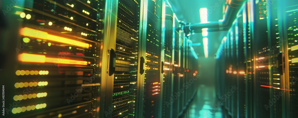 Poster futuristic server room with colorful lights and advanced technology showcasing data storage and netw