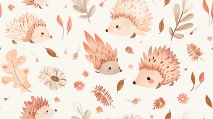 Seamless pattern of hand-drawn pastel leaves, floral branches, and cute hedgehogs, perfect for a gentle and artistic botanical theme