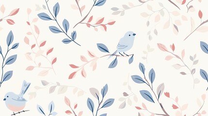 Seamless pattern of hand-drawn pastel-colored leaves and branches with small birds, creating a soft and whimsical design