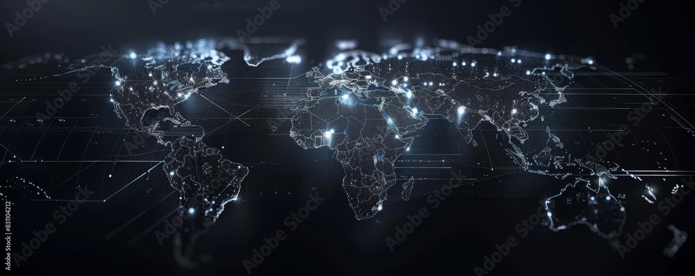Aufkleber global digital network represented by illuminated world map connections, showcasing futuristic data 