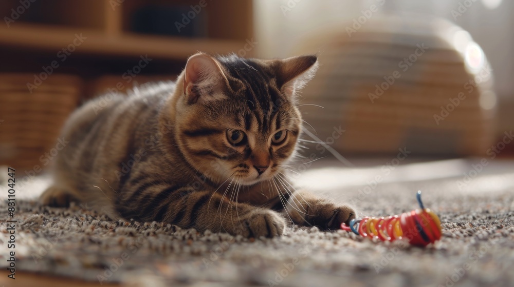 Poster Chubby cat playing with a spring toy on a soft rug, its playful antics and joyful expression creating a heartwarming scene