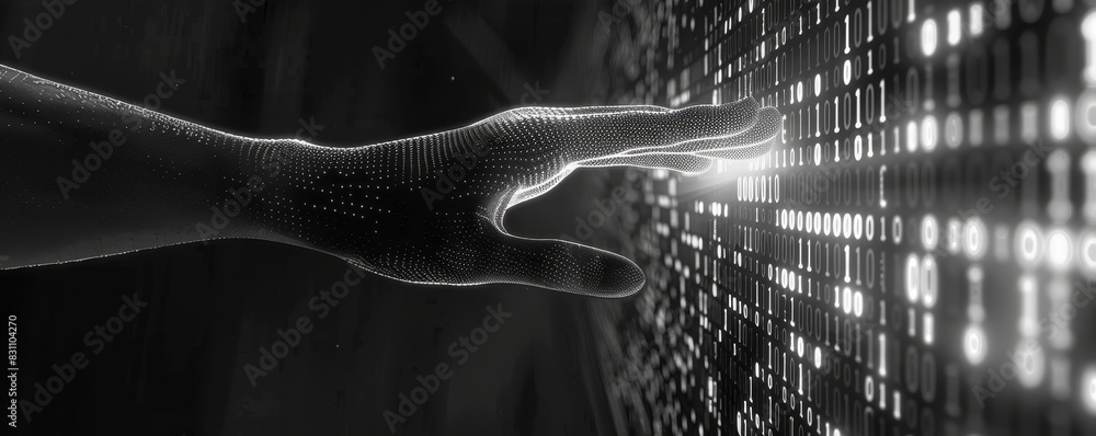 Poster hand touching illuminated digital screen, representing technology connection and futuristic interfac