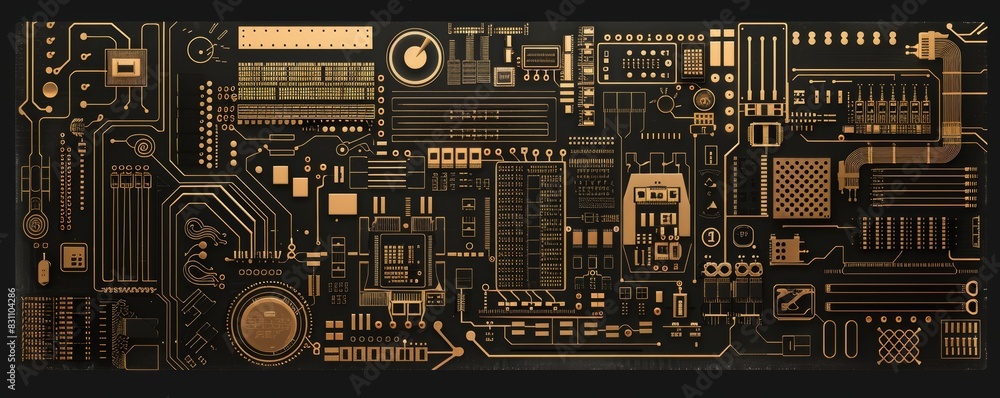 Poster high-quality image of an intricate, futuristic golden microchip circuit on a black background.