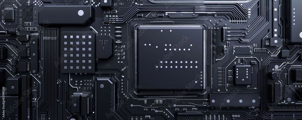 Poster high-resolution close-up image of a modern black printed circuit board with detailed electronic comp