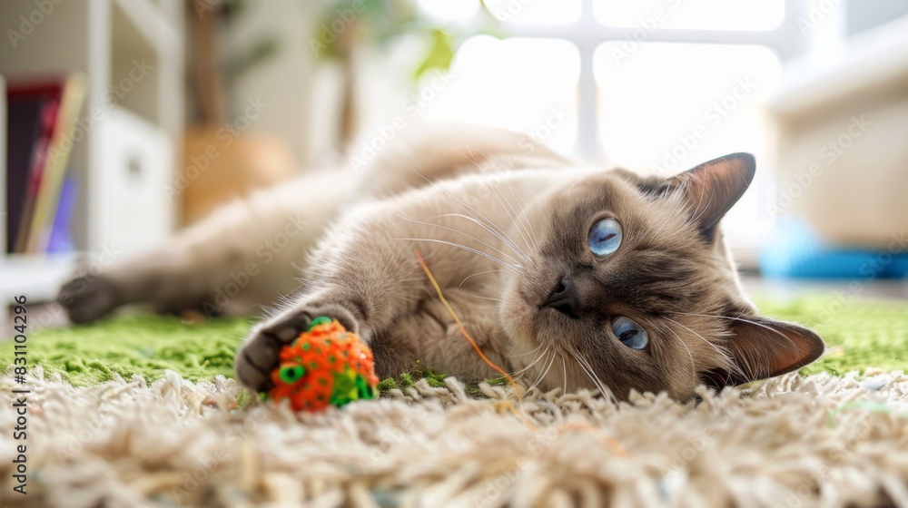 Poster Chubby cat playing with a spring toy on a soft rug, its playful antics and joyful expression creating a heartwarming scene