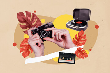 Poster banner collage of people hands taking photo retro camera with audio gramophone cassette