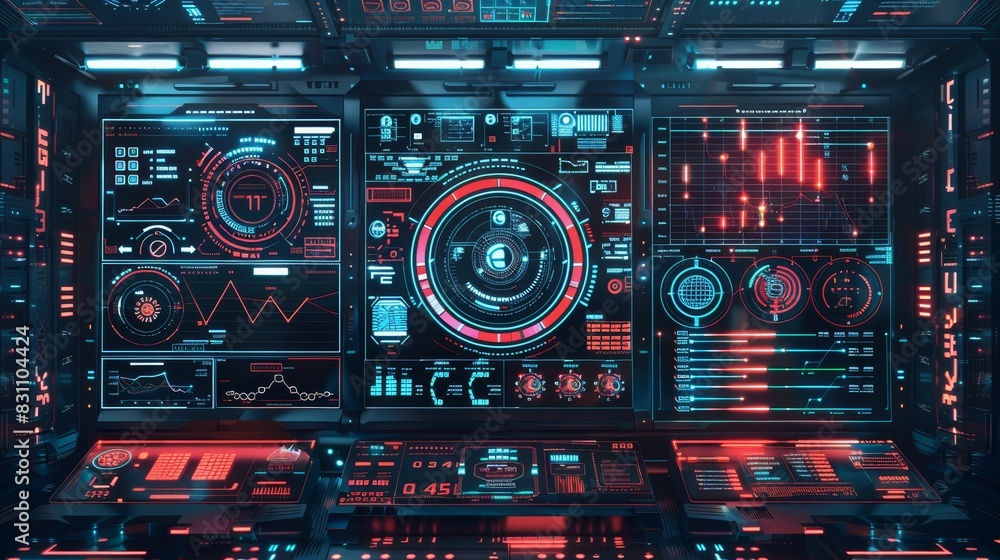 Poster high-tech futuristic user interface with intricate digital panels, screens, and glowing elements dep