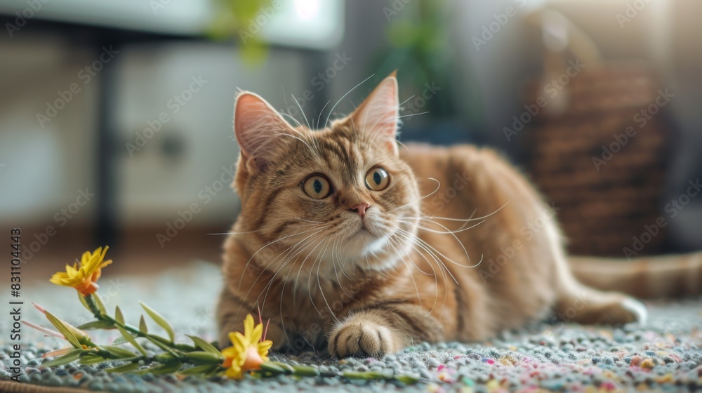 Aufkleber Chubby cat playing with a spring toy on a soft rug, its playful antics and joyful expression creating a heartwarming scene
