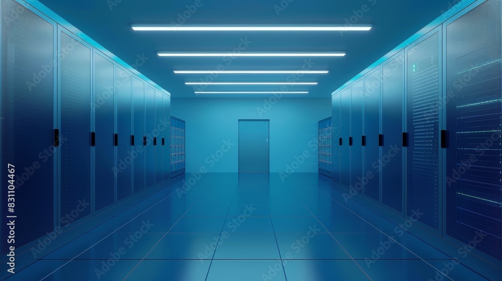 Poster modern data center hallway with illuminated server racks and blue lighting, showcasing efficient sto