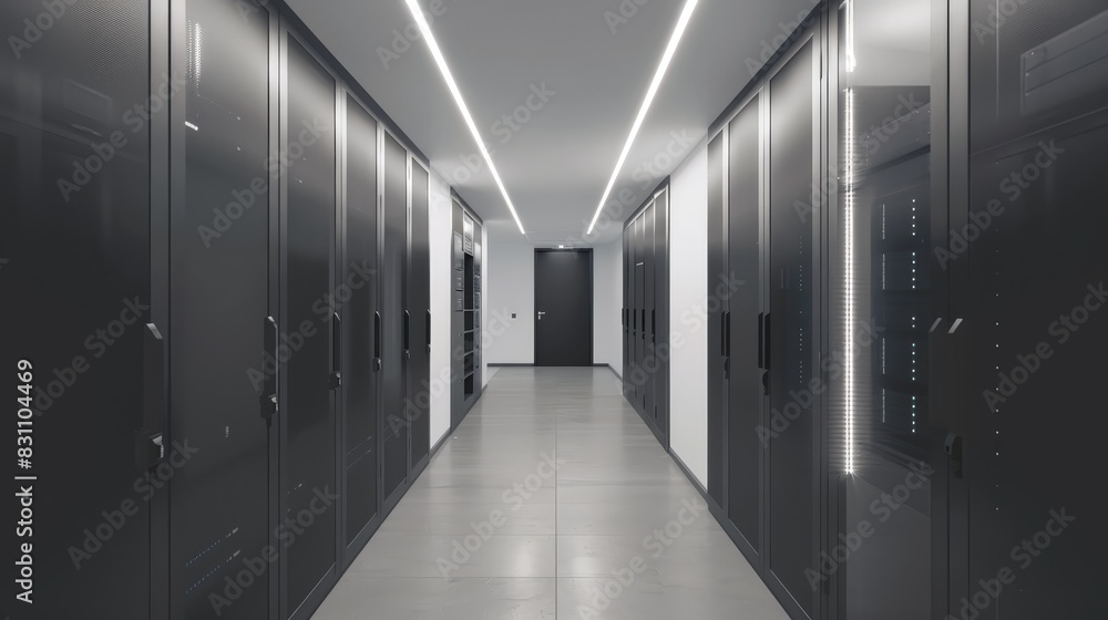 Poster modern data center hallway with sleek server racks and bright lighting, showcasing advanced technolo