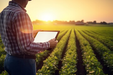 Farmer using a digital tablet to monitor crop growth in a field at sunset, representing modern agricultural technology and innovation.