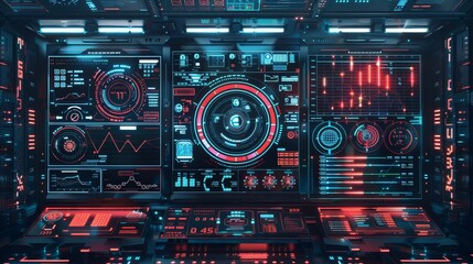 Fototapeta premium High-tech futuristic user interface with intricate digital panels, screens, and glowing elements depicting data visualization and analysis.