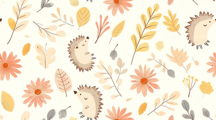 Seamless pattern of hand-drawn pastel leaves, floral branches, and cute hedgehogs, perfect for a gentle and artistic botanical theme