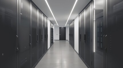 Modern data center hallway with sleek server racks and bright lighting, showcasing advanced technology infrastructure.