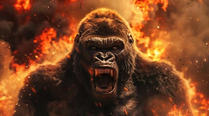 Fierce gorilla roaring amidst flames and smoke, showcasing raw power and intense emotion in a fiery background.