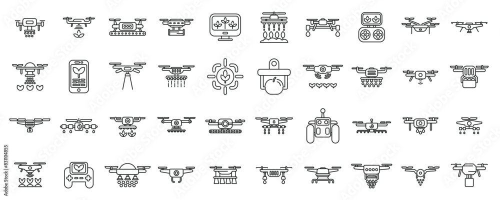 Poster drones in agriculture icons set vector. a collection of various types of drones and other flying dev