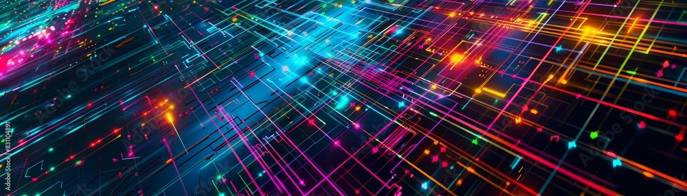 Poster vibrant abstract lines and lights creating a dynamic, futuristic digital landscape with colorful bea