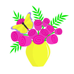 Pink red rose flower, green leaf set bouquet. Yellow glass vase. Flower in vase. Butterfly sits on a flowers. Cute icon collection. Ceramic Pottery Glass decoration White background Flat design Vector