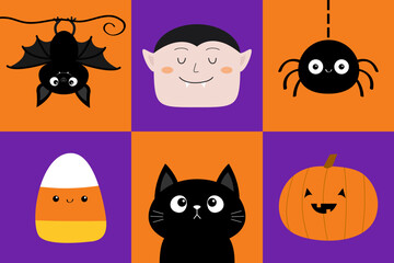 Vampire Count Dracula. Black bat, cat, spider web. Pumpkin, candy corn. Happy Halloween. Cute cartoon kawaii smiling face set. Greeting card. Childish style. Flat design. Colorful background. Vector