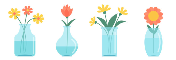 Flower in vase set line. Transparent glass vases with blue water. Different flowers. Cute colorful icon collection. Daisy Tulip Gerbera. Ceramic Pottery decoration. White background Flat design Vector