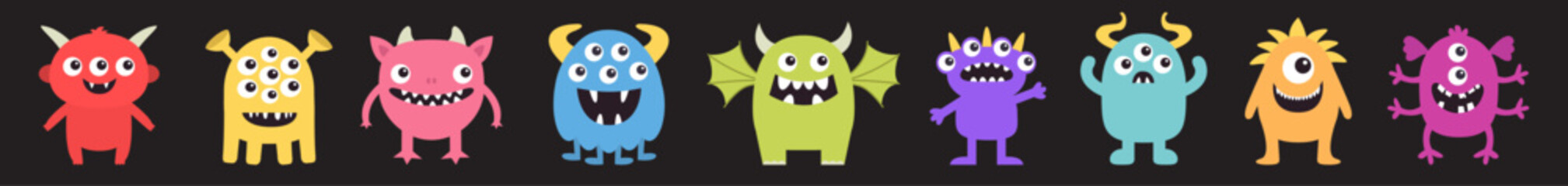 Happy Halloween. Cute monster icon set line. Cartoon kawaii funny baby character. Colorful silhouette. Sticker print. Eyes, horns, fang teeth, wing. Childish style. Flat design Black background Vector © worldofvector