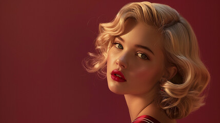 A realistic blonde woman with a vintage hairstyle, on a solid burgundy background