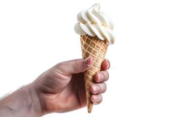 Close-up of a hand holding a delicious vanilla ice cream cone with a waffle cone. Perfect for summer and dessert themes.
