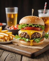 Close-up of a delicious cheeseburger with fresh vegetables, crispy fries, and refreshing drinks on a rustic wooden table.